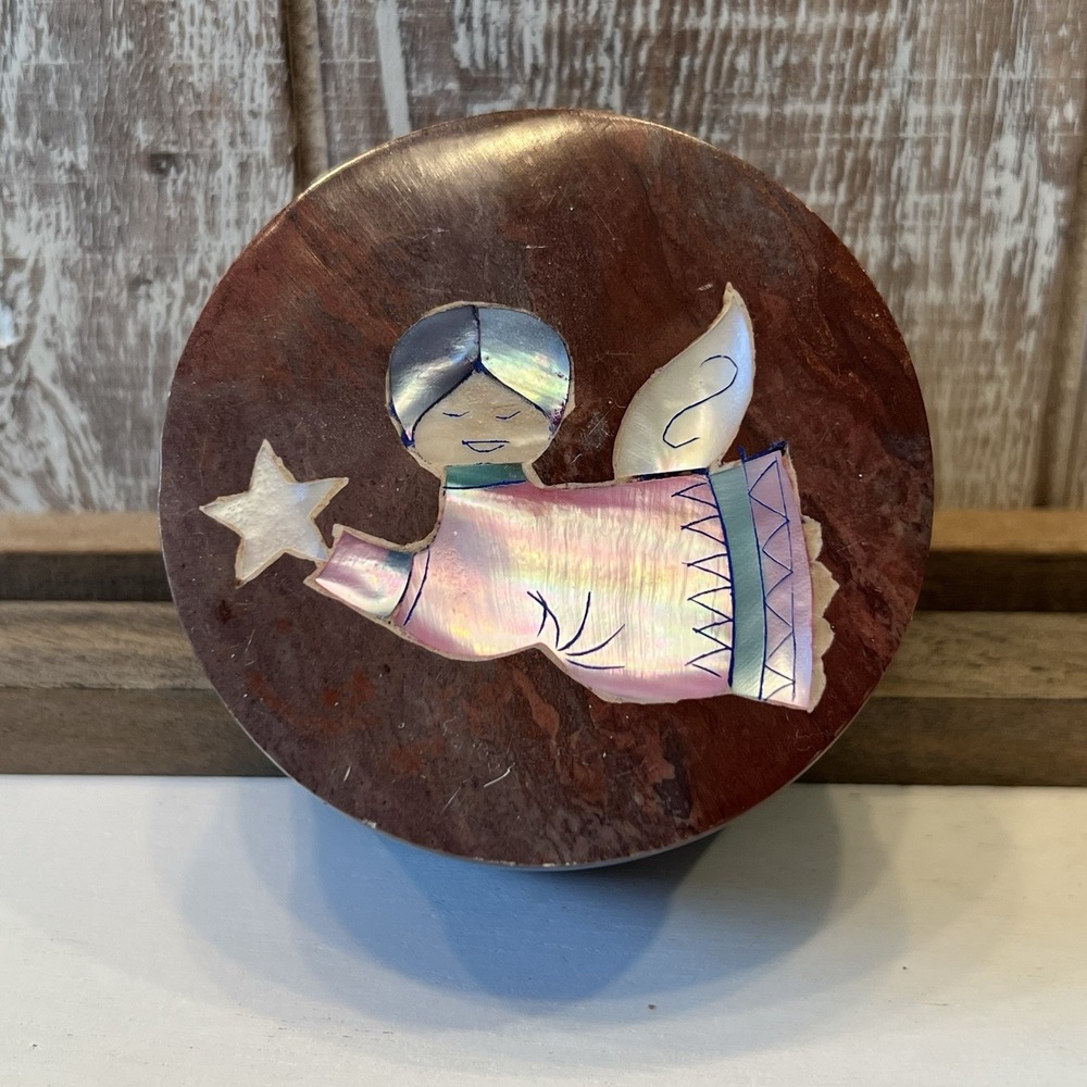 Angel Trinket Box In Laid Shell Design In A Stone Box With Lid 2.75" W ‎ 1.25"H
